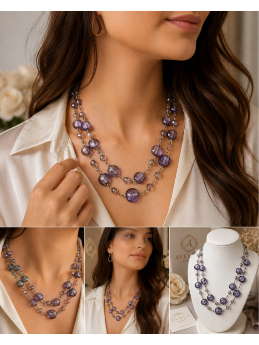 M&S Marks & Spencer Purple Glass Bead Double Strand Statement Necklace - Picture 2 of 10